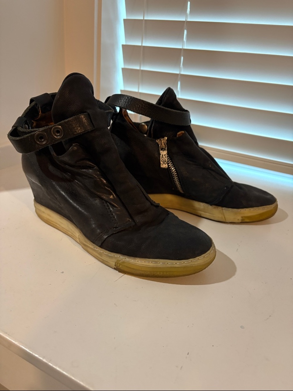 A.S.98 Black Leather Wedge High-Top Sneakers with Strap